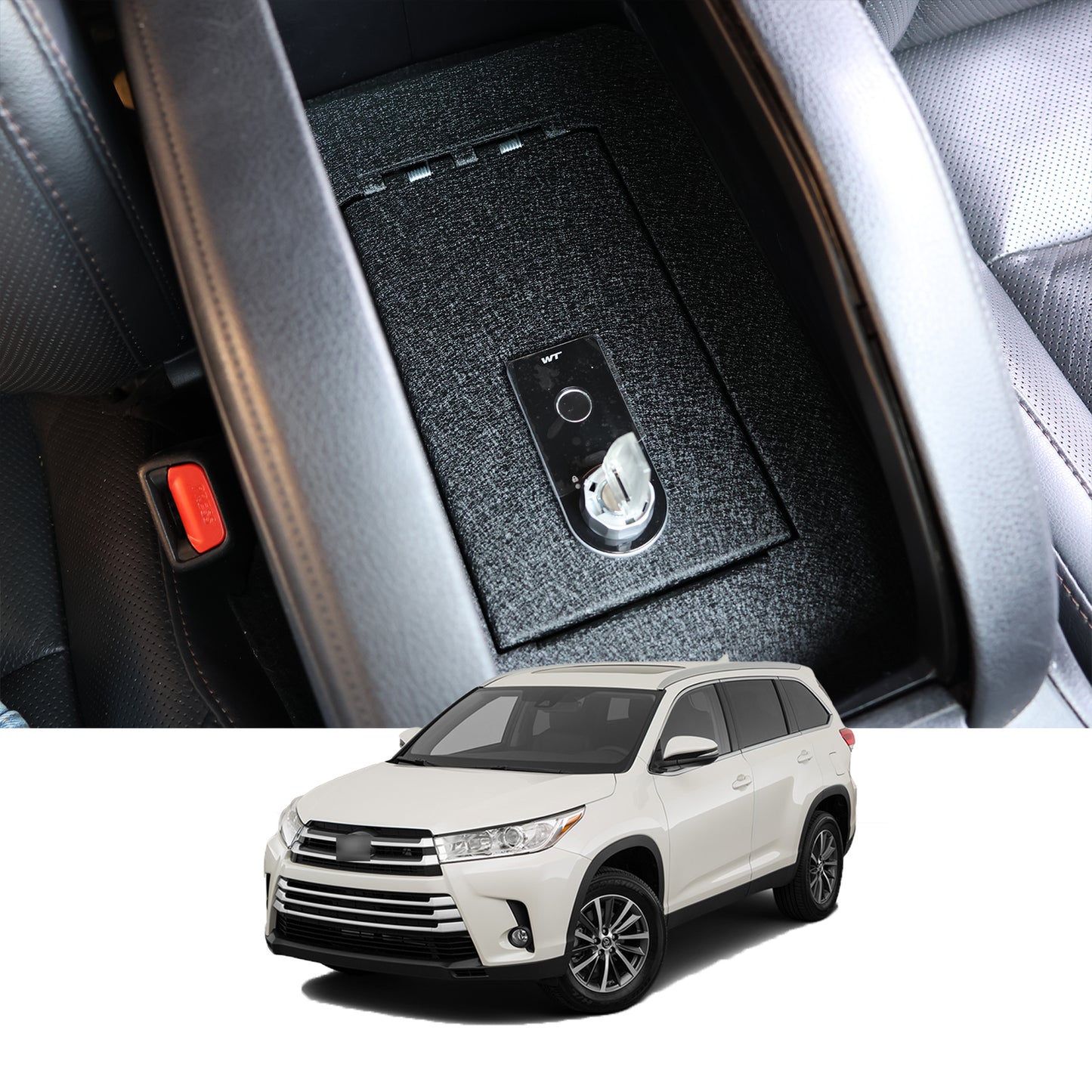 Console Safe Vault Box for Toyota Highlander (Fingerprint Lock with Key): 2014-2019