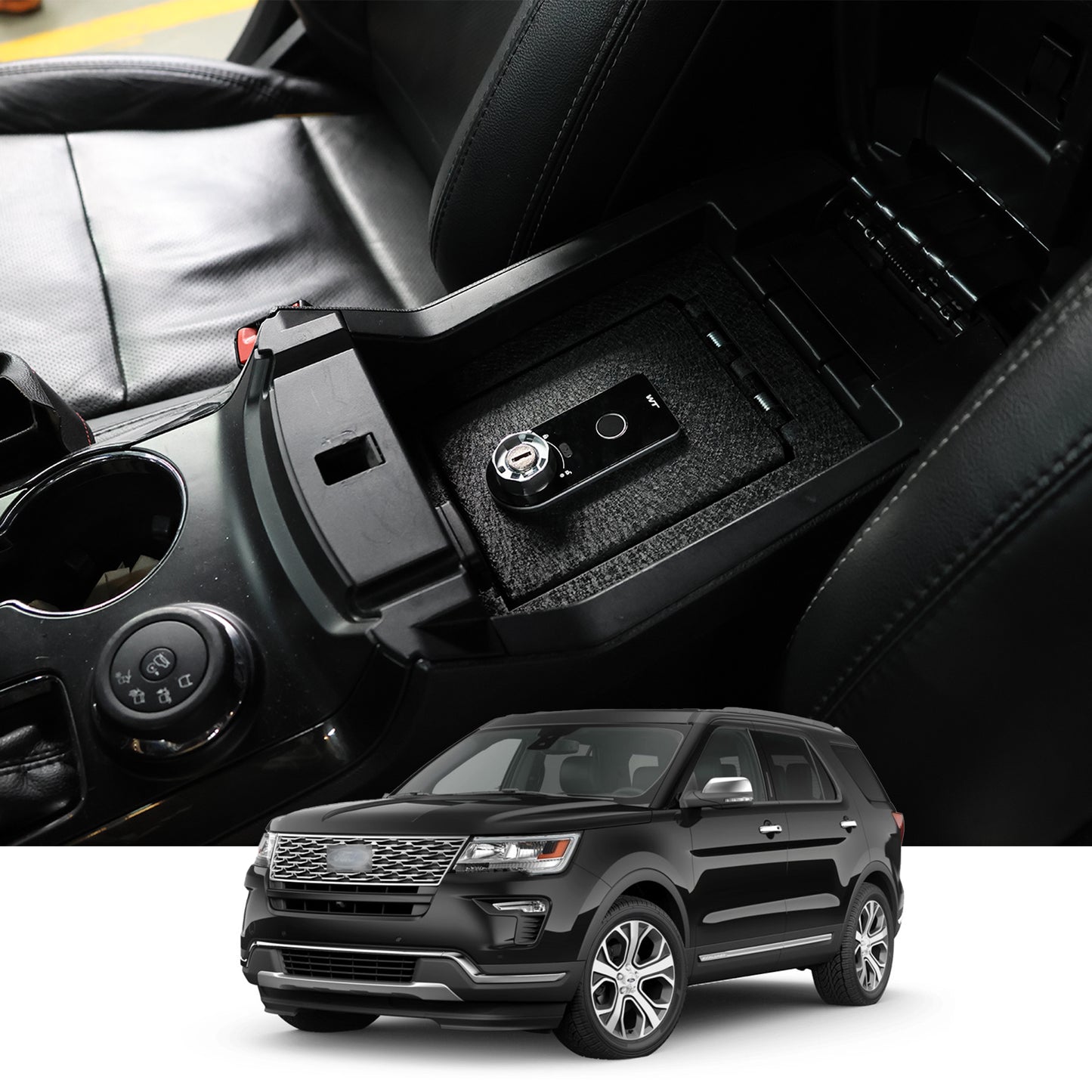 Console Safe Vault Box for Ford Explorer (Fingerprint Lock with Key): 2013-2019
