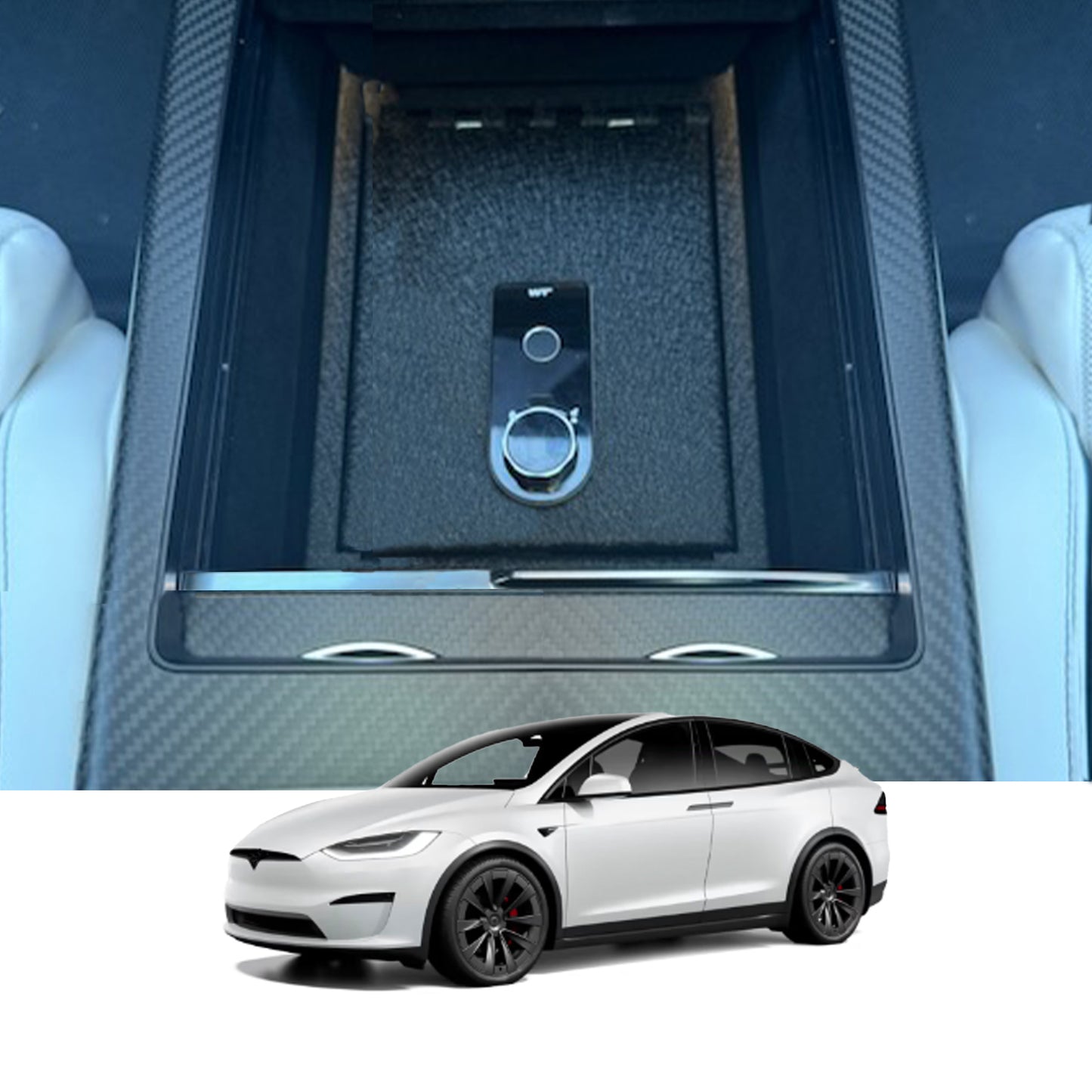 Console Safe Vault Box for Tesla Model S (Fingerprint Lock with Key): 2021-2025