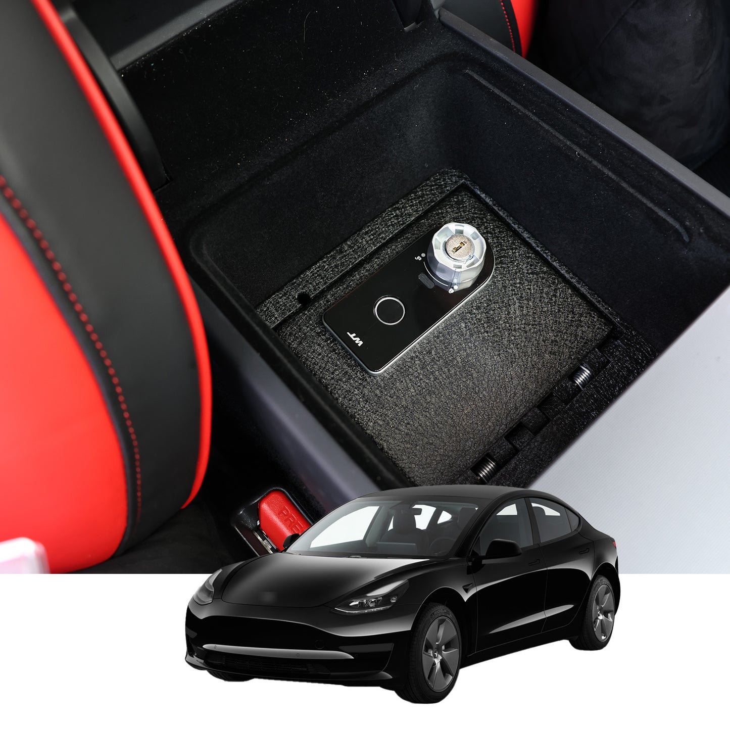 Console Safe Vault Box for Tesla Model Y (Fingerprint Lock with Key): 2025